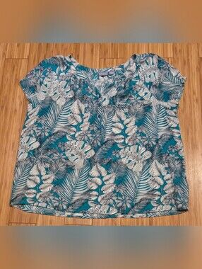 Laura Scott Women's Teal Tropical Print Short Sleeve Top